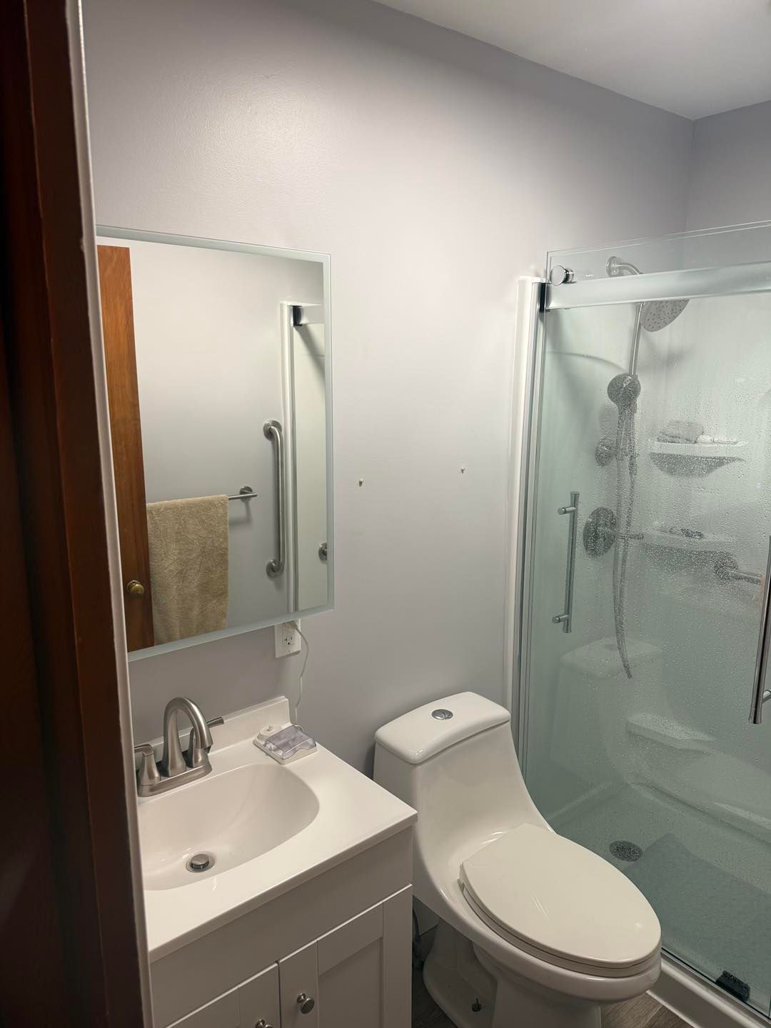 Small bathroom with sink, mirror, toilet, and frosted glass shower door