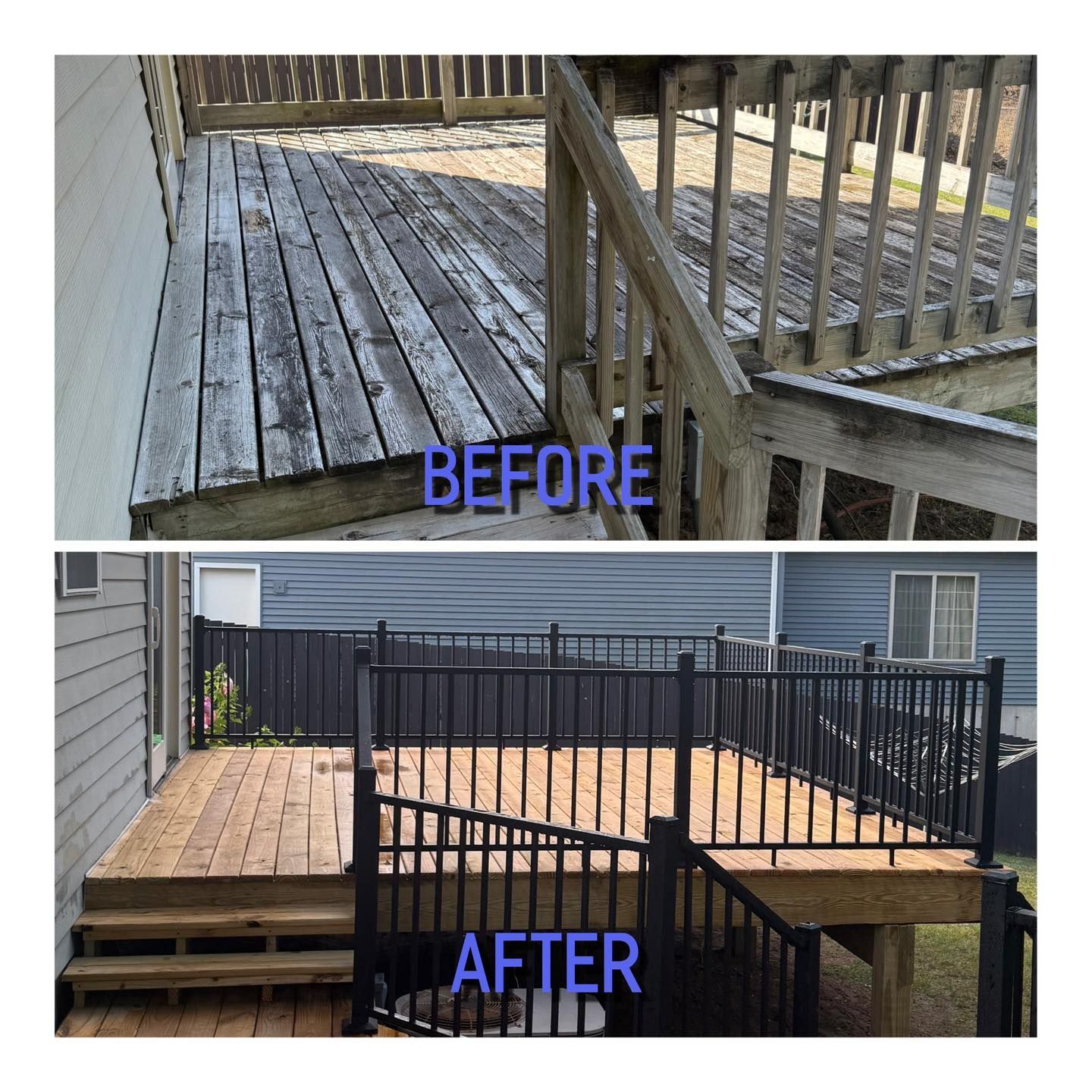 Before-and-after deck renovation: old weathered wood replaced with a new wooden deck and black railing.