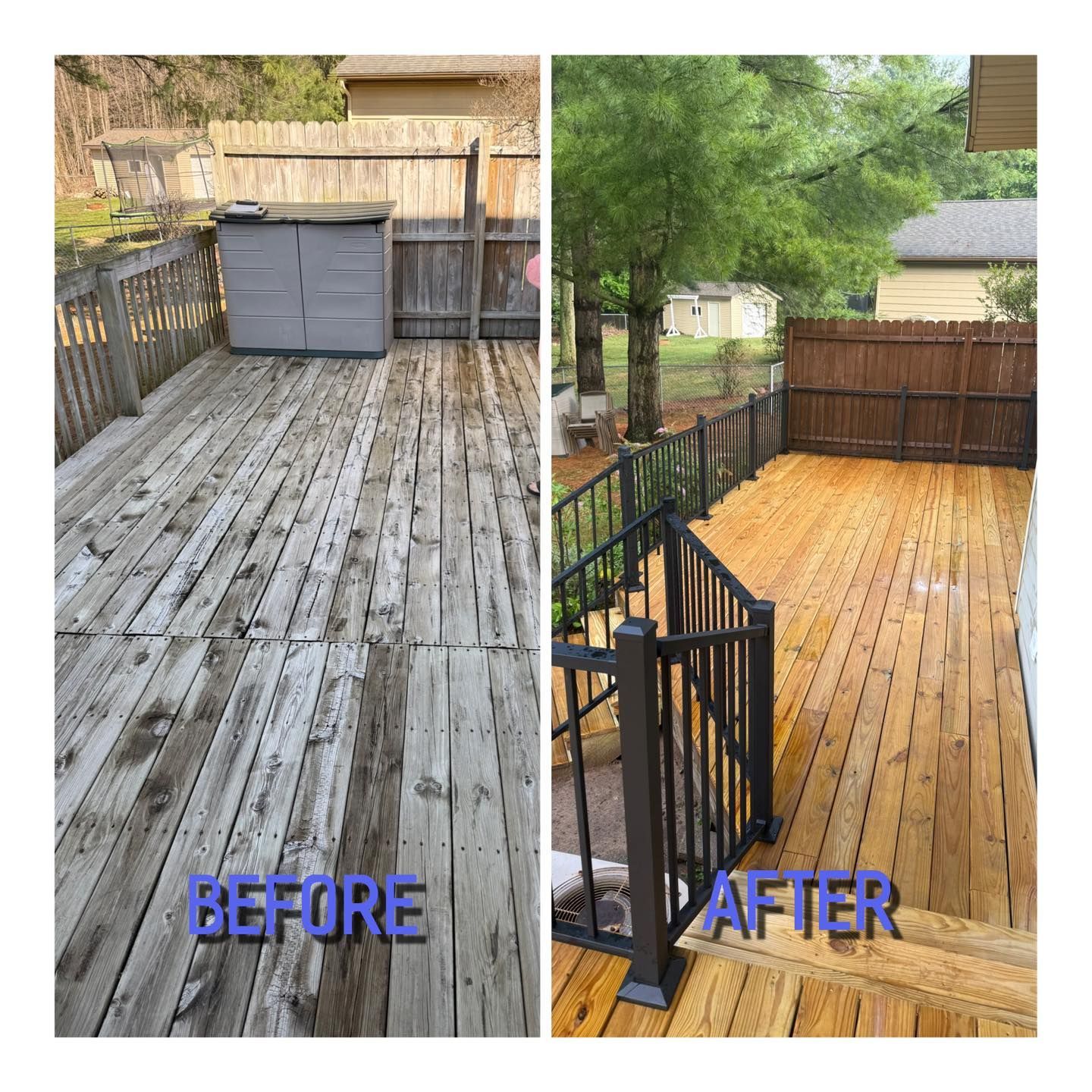 Before-and-after view of a worn gray deck transformed to a stained golden deck with black railing and fence