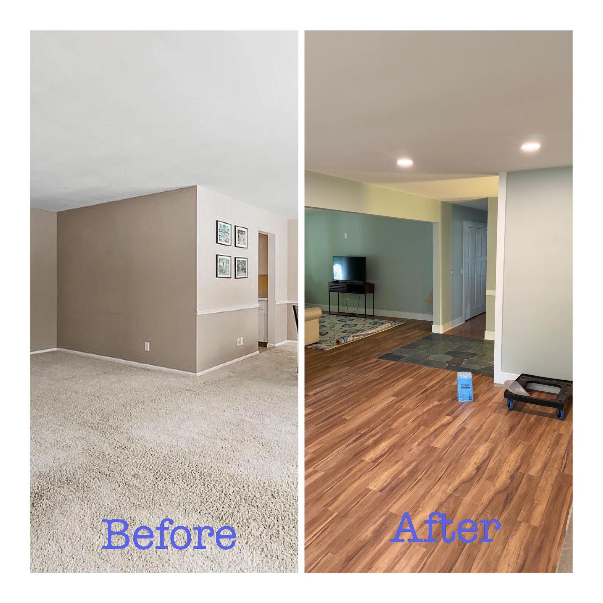 Before-and-after living room renovation: beige carpet replaced with wood floors, updated lighting, and open layout.