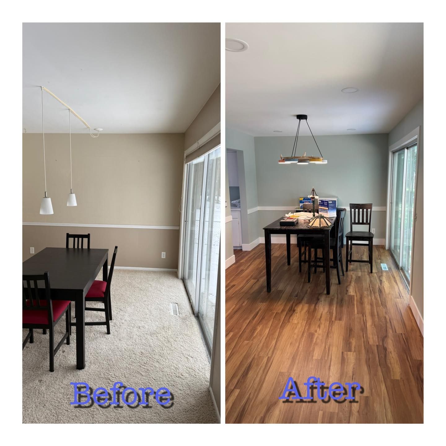 Before-and-after dining room: carpet replaced with wood floors, showing a darker updated table and lighting.