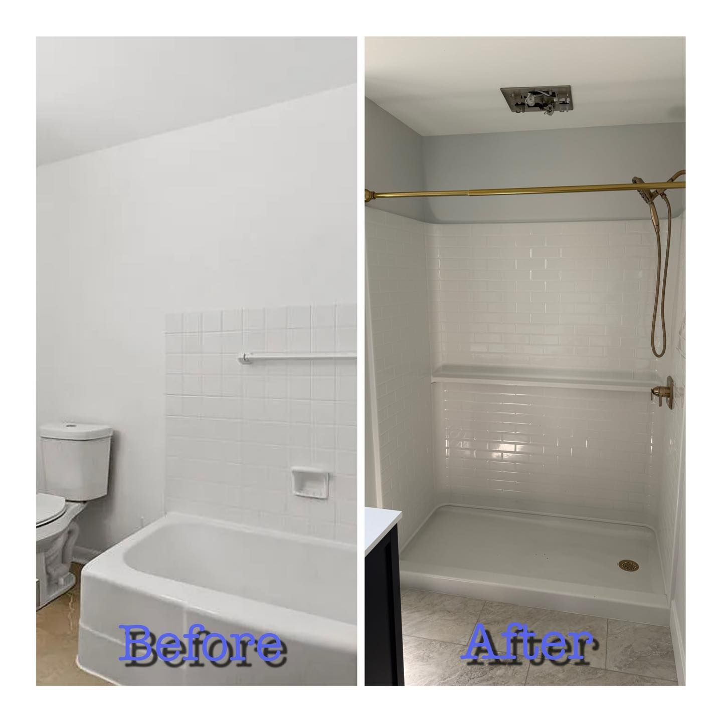 Before-and-after of a bathroom tub and shower remodel, showing white tile and a new shower curtain rod.