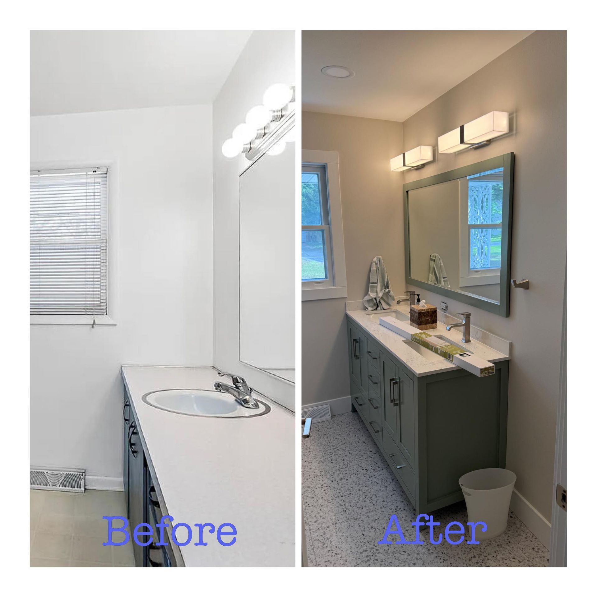 Bathroom vanity before-and-after: plain white room changes to gray cabinets, mirror lights, and speckled floor.