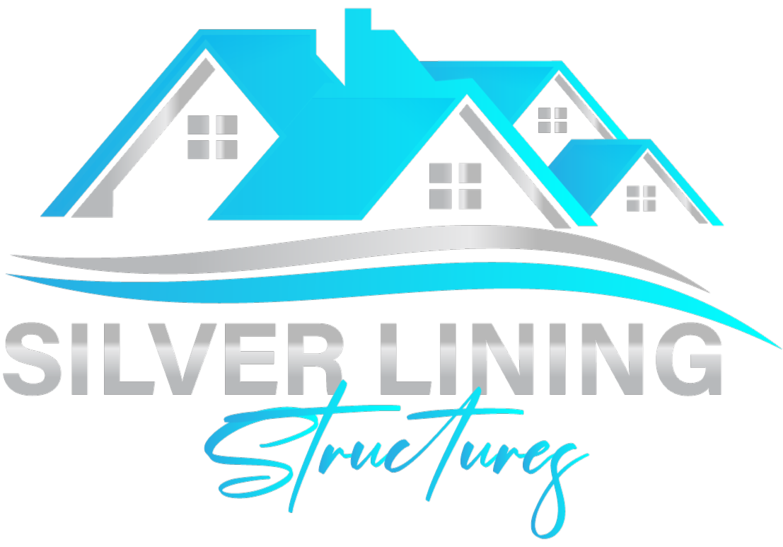 Silver Lining Structures logo with blue and gray house roofs and stylized text