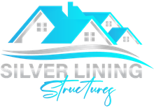 Silver Lining Structures logo with blue and gray house roofs and stylized text
