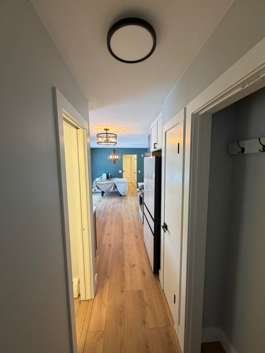 Narrow hallway with white doors leads to a blue living room with wood floors and a chandelier.