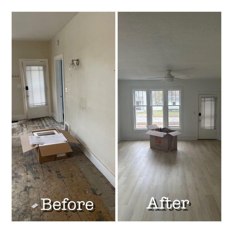 Before-and-after of a small room renovation: damaged floor versus clean, light-colored finished interior.