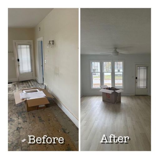 Split-screen of a room renovation: messy hallway “Before” and clean, bright room “After”