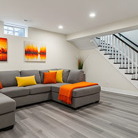 Modern living room with gray sectional, orange accents, wall art, and staircase with black railings