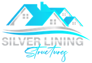A light blue and silver logo for Silver Lining Structures featuring a stylized house icon over the company name.