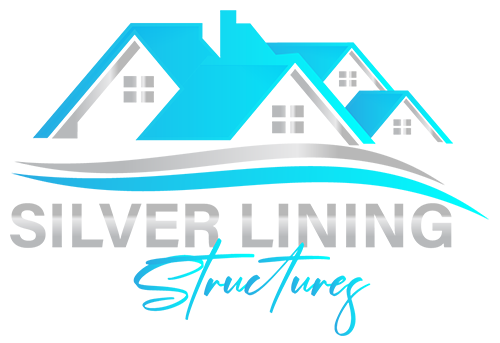 Logo for Silver Lining Structures featuring a blue roof graphic above silver and blue text.