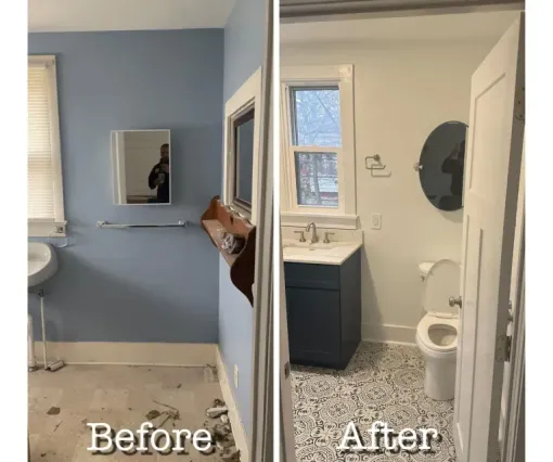 Before-and-after bathroom remodel: blue walls changed to bright white, with a new vanity, mirror, and toilet.