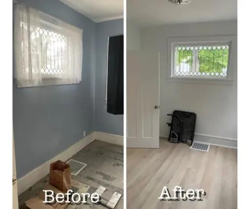 Before-and-after of a small room makeover: cluttered gray room transformed into a clean white room with window and vent.