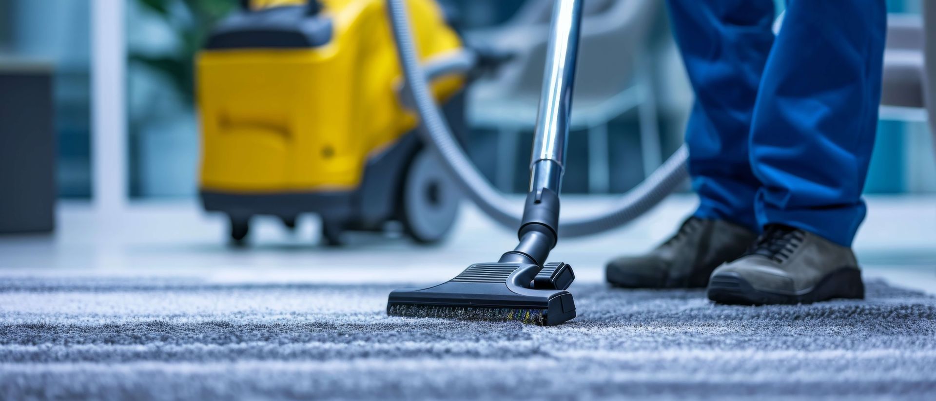 A person vacuuming a gray carpet with a yellow vacuum cleaner in an indoor setting.