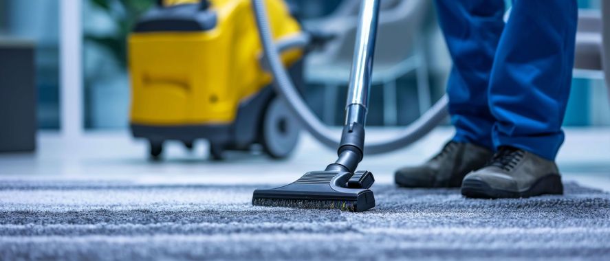 A person vacuuming a gray carpet with a yellow vacuum cleaner in an indoor setting.