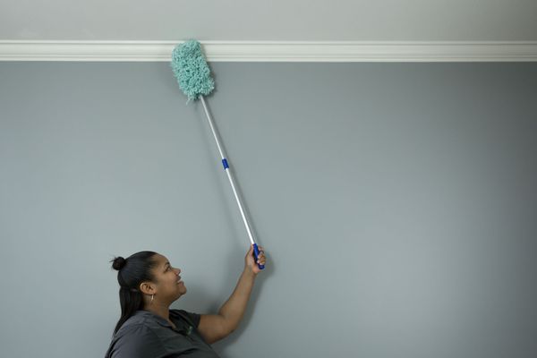 Woman dusting crown molding with an extendable duster. Grey wall and molding.