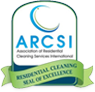 ARCS International logo. Blue and white logo with green ribbon that says Residential Cleaning Seal of Excellence.