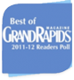Best of Grand Rapids magazine award badge, blue, white text, 2011-12 Readers Poll.