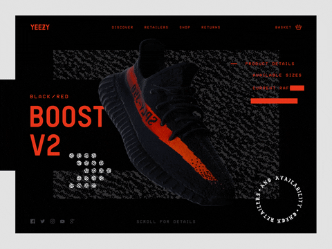 Yeezy Boost V2 black sneaker with red stripe on dark background; product detail links.
