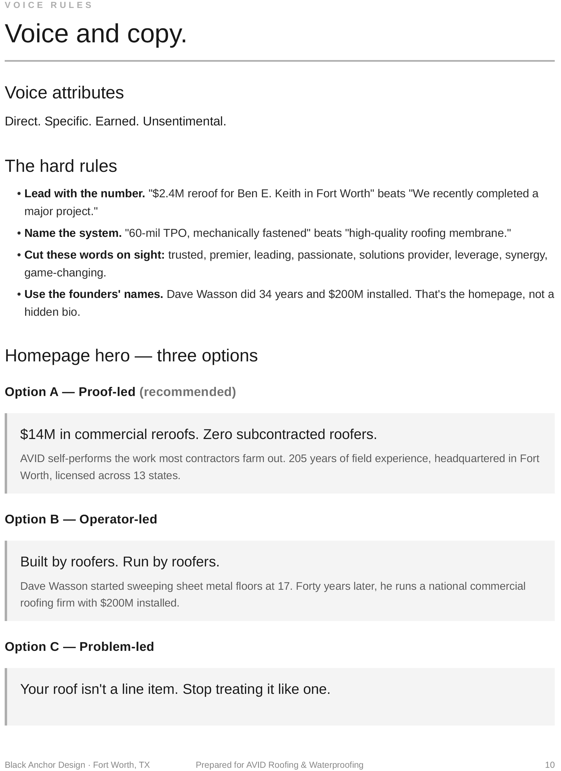 Blurry screenshot of a “Voice and copy” document with headings, bullet points, and highlighted sections.