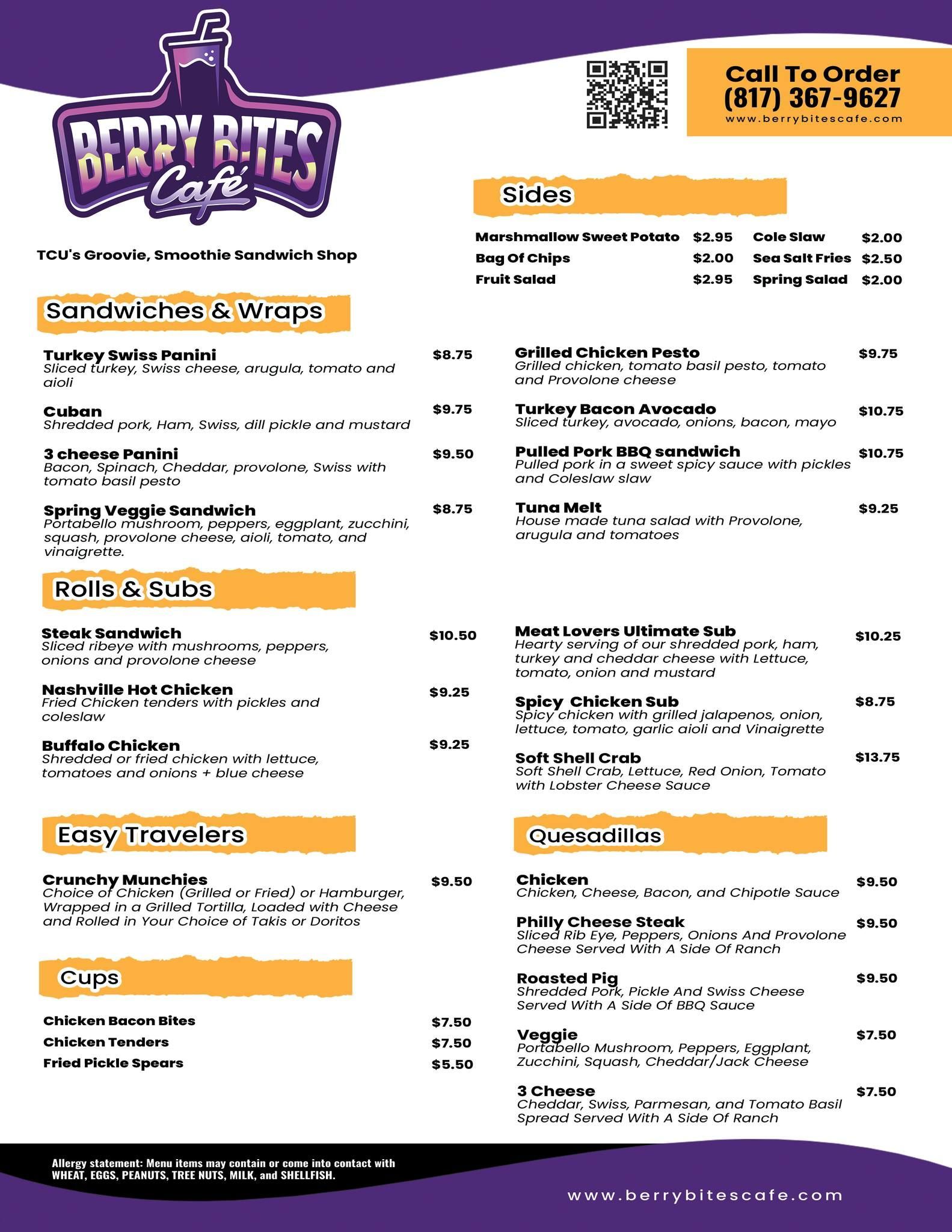 A menu for a restaurant called berry bites
