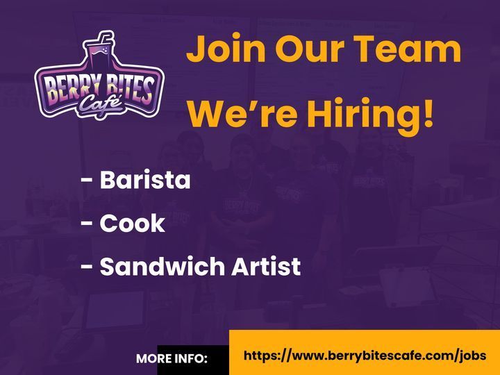 A purple sign that says join our team we 're hiring