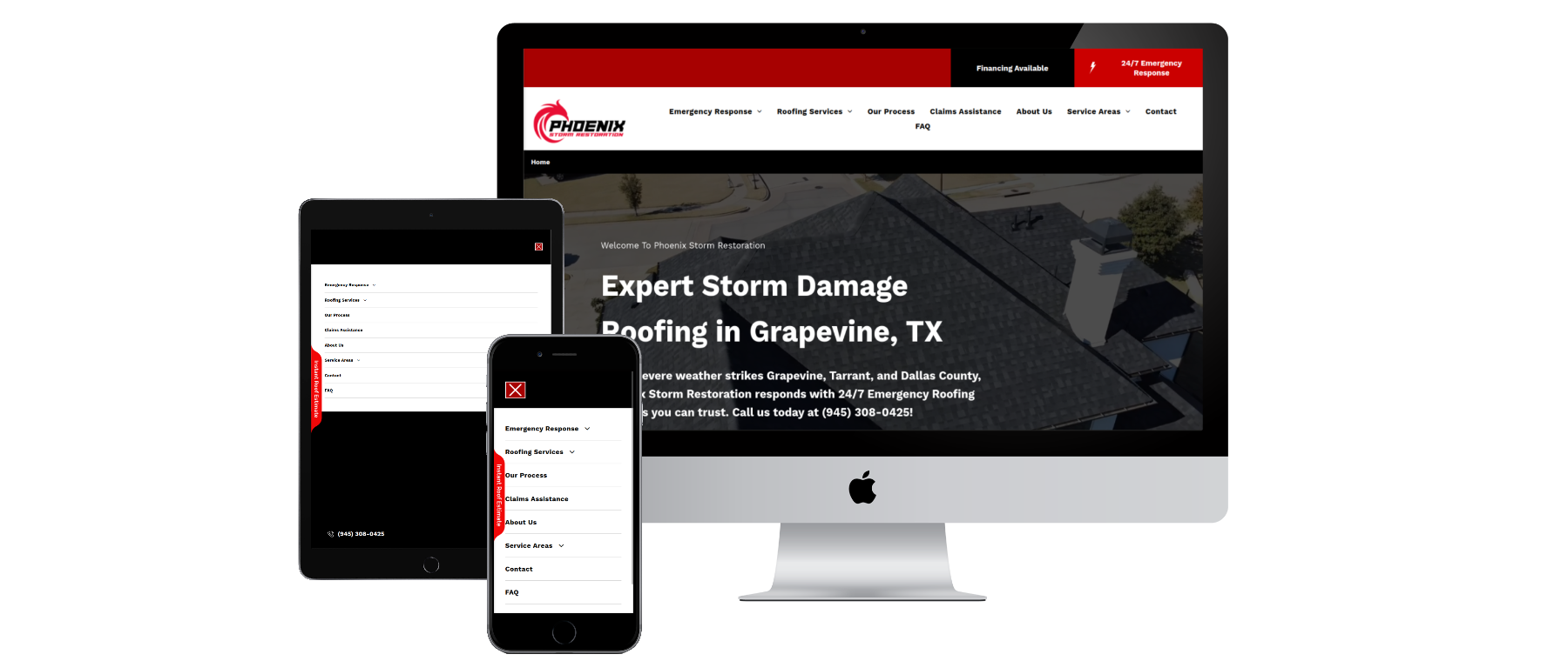Website design on a desktop, tablet, and phone, featuring a roofing company's logo and site information.
