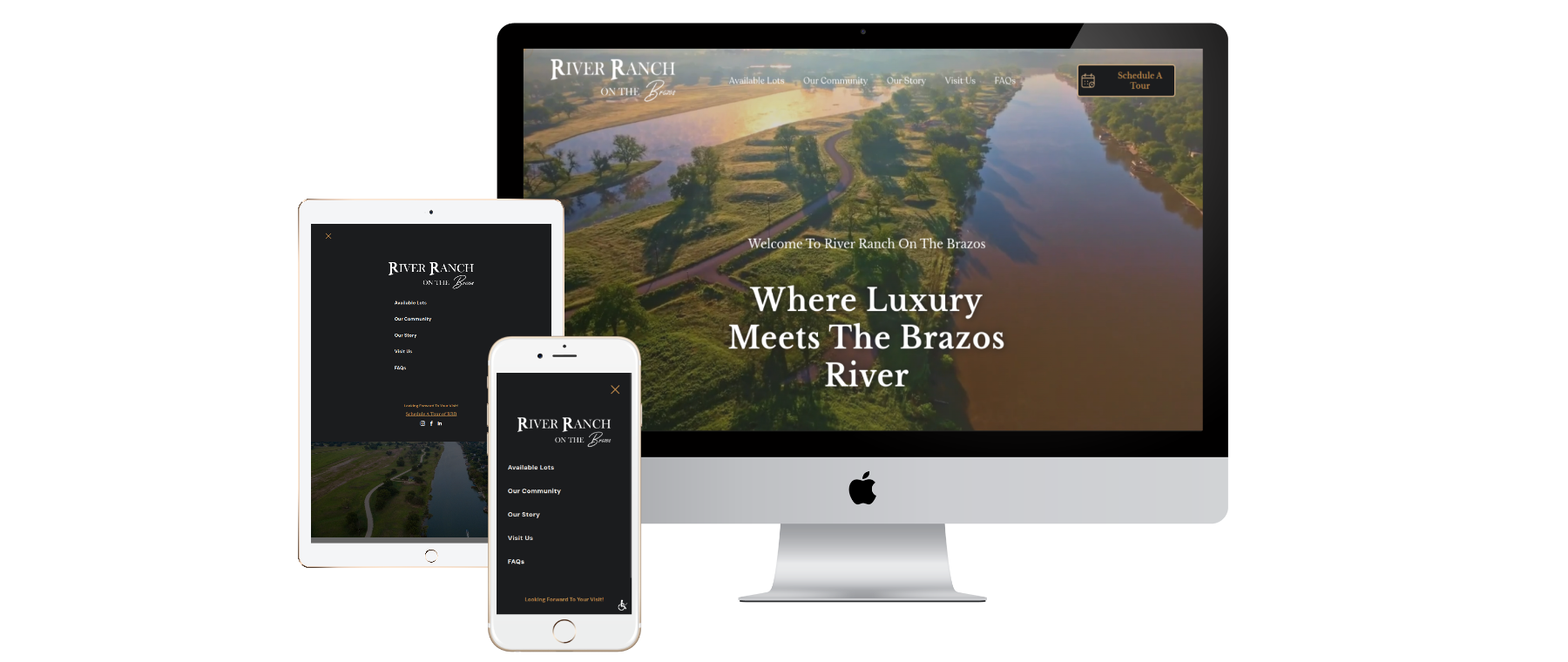 Website on multiple devices showing a river landscape with text, 