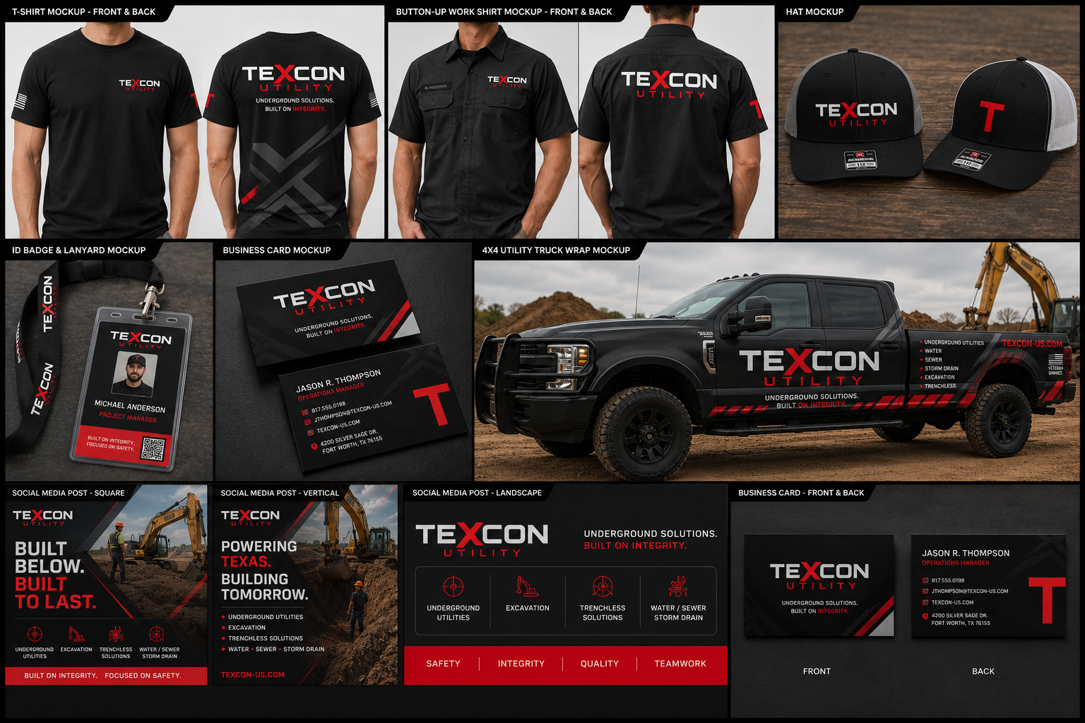 Black TEXCON pickup truck with red graphics in a branded promotional layout.