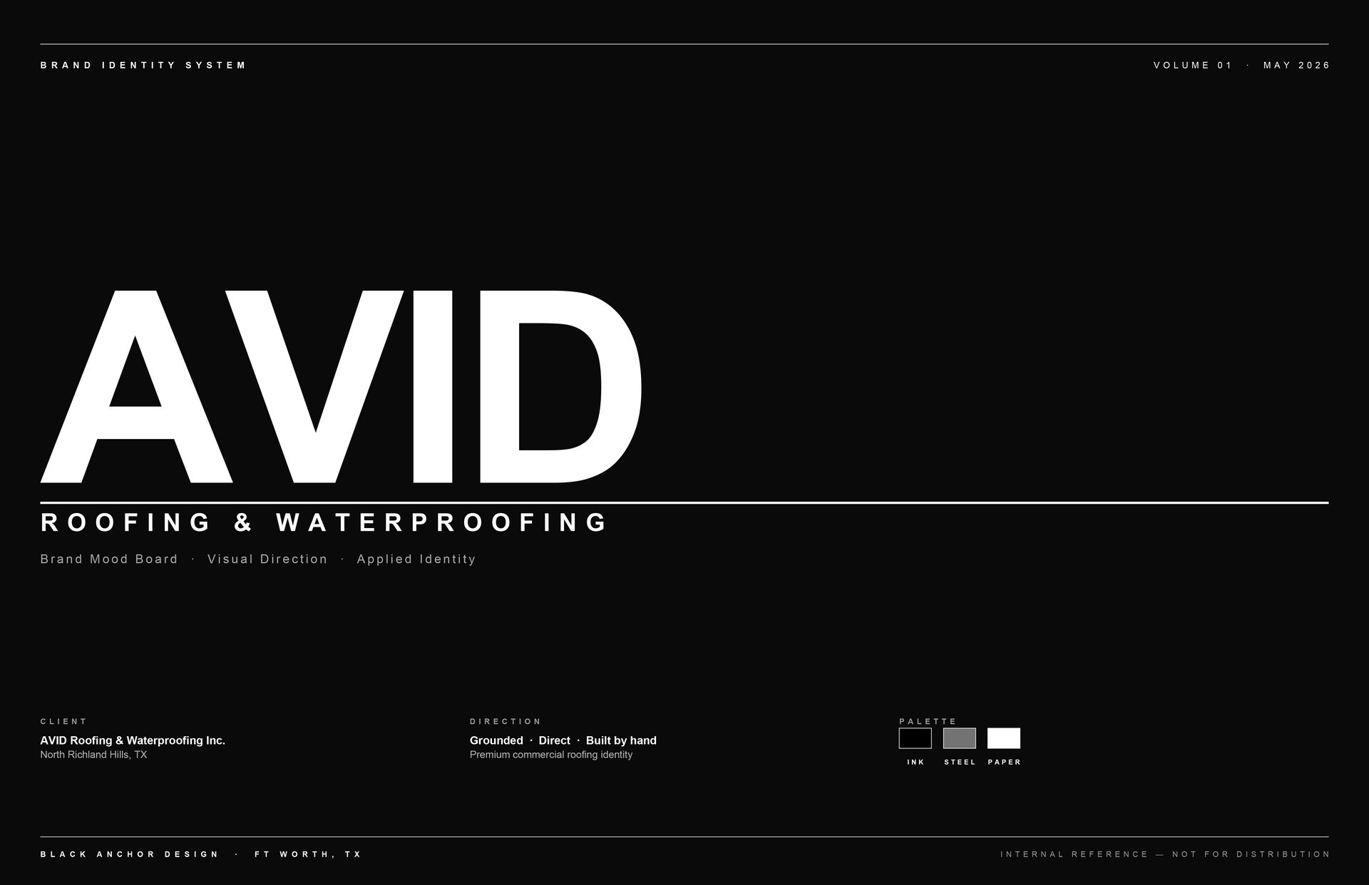 AVID Roofing & Waterproofing logo on a dark blue business card-style background with contact details.