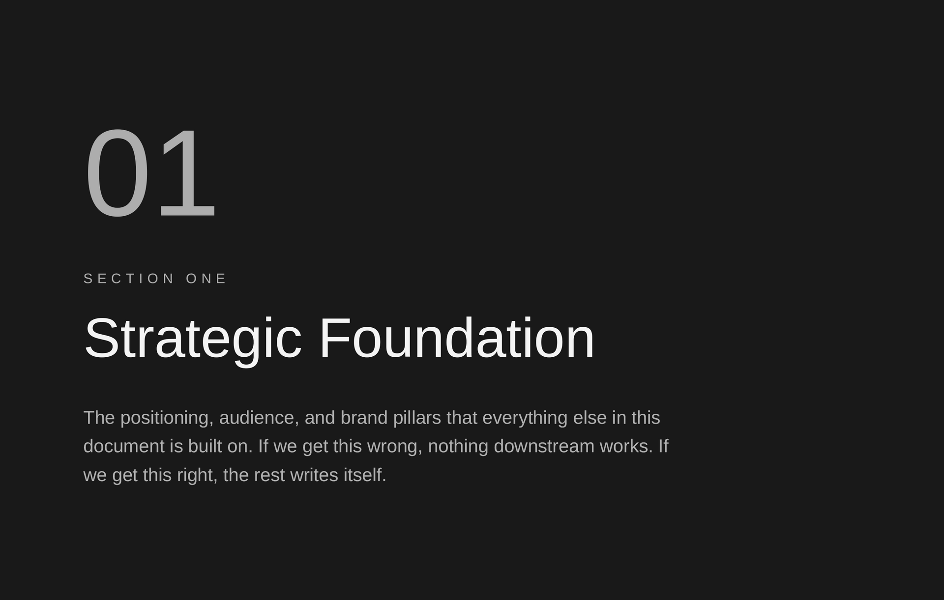 Dark slide with “01” and “Strategic Foundation” in white text on a black background.
