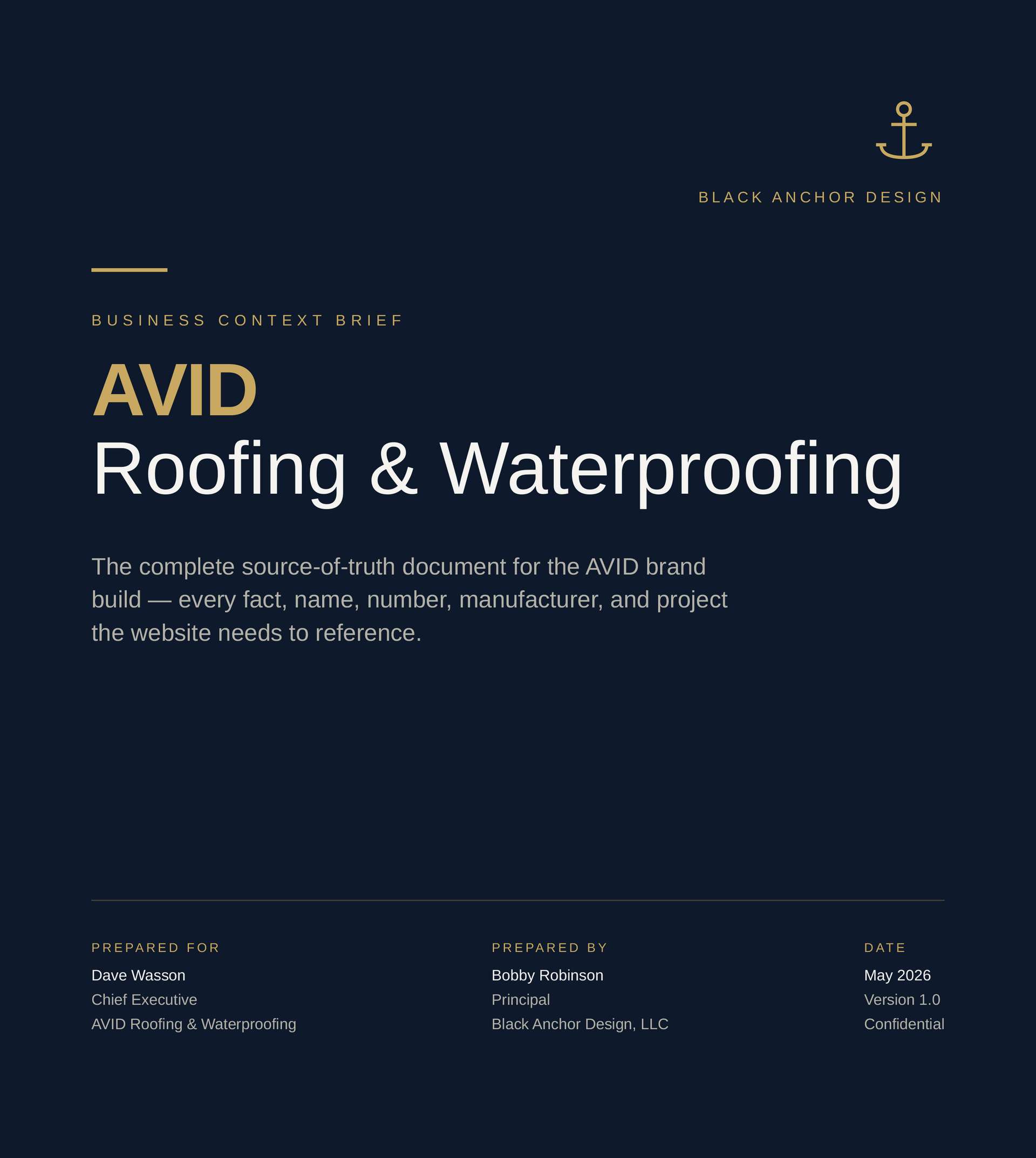 AVID Roofing & Waterproofing logo on a dark blue business card-style background with contact details.