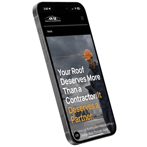 Black smartphone showing a roofing website ad with text: “Your Roof Deserves More Than a Contractor. It Deserves a Partner.”