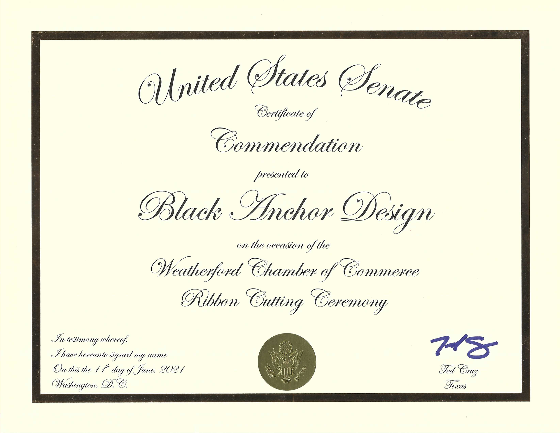 Certificate of Commendation from the U.S. Senate presented to Black Anchor Design for a ribbon-cutting ceremony. Recognized by the U.S. Senate for Accessible Design Work