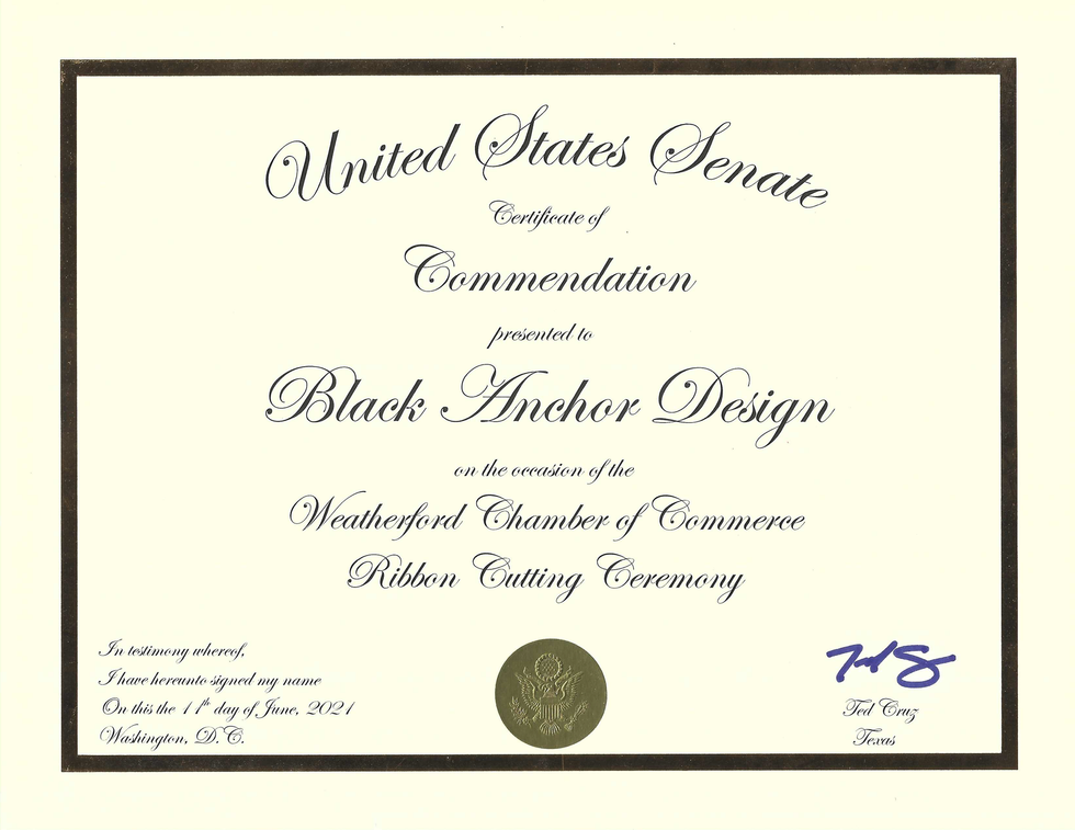 Certificate of Commendation from the U.S. Senate presented to Black Anchor Design for a ribbon-cutting ceremony. Recognized by the U.S. Senate for Accessible Design Work