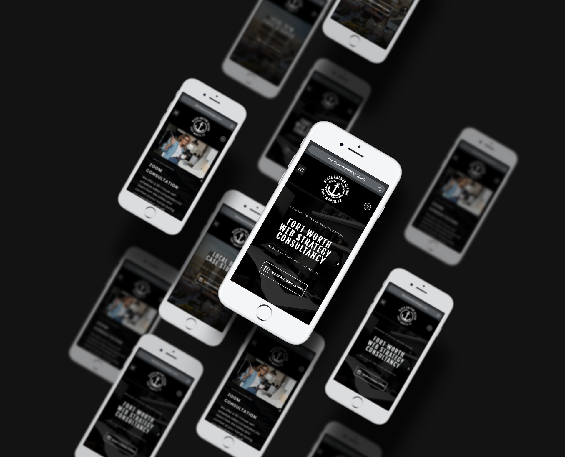 Floating white smartphones displaying dark app screens on a black background