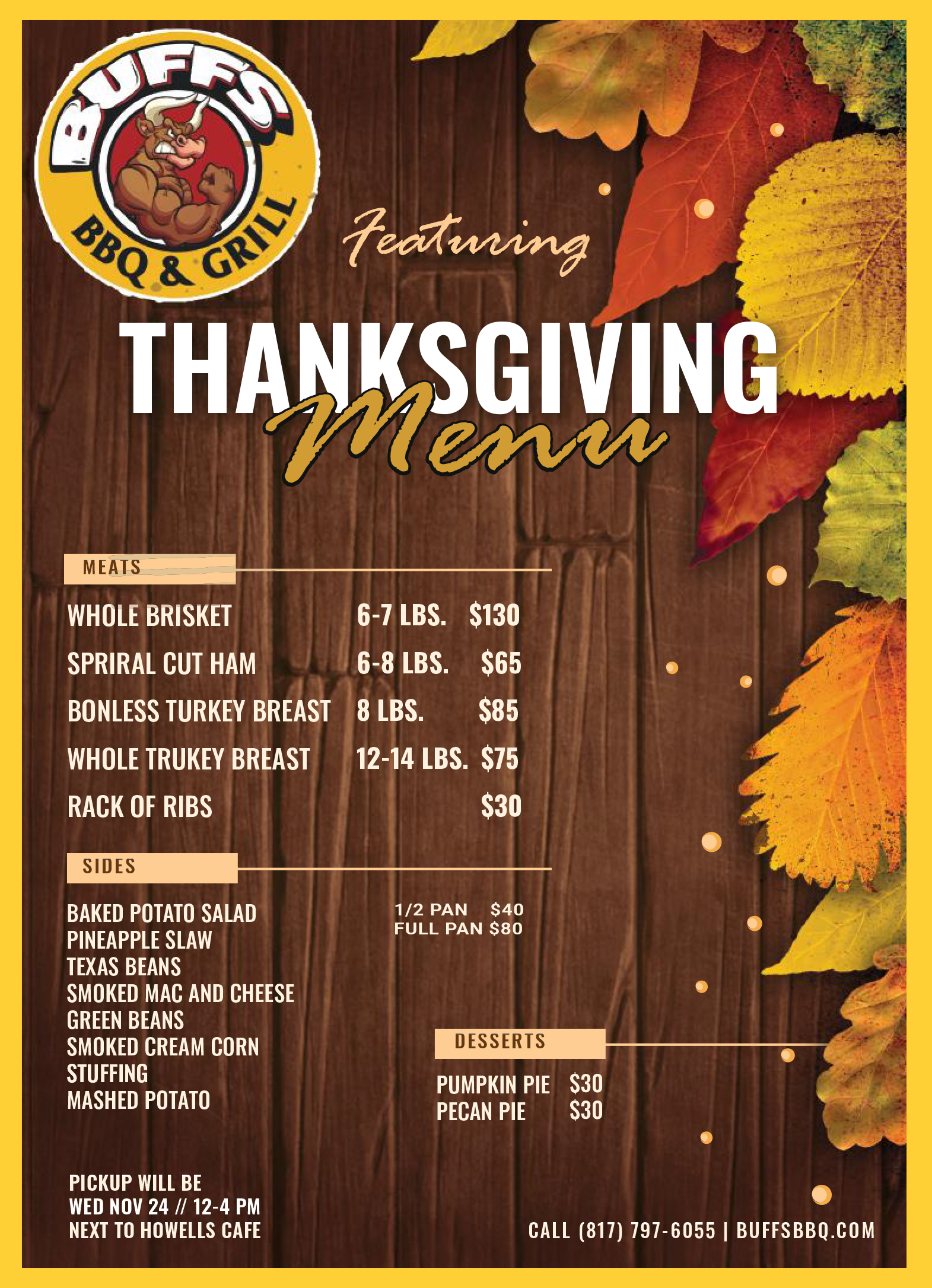 A thanksgiving menu for a restaurant with leaves on it