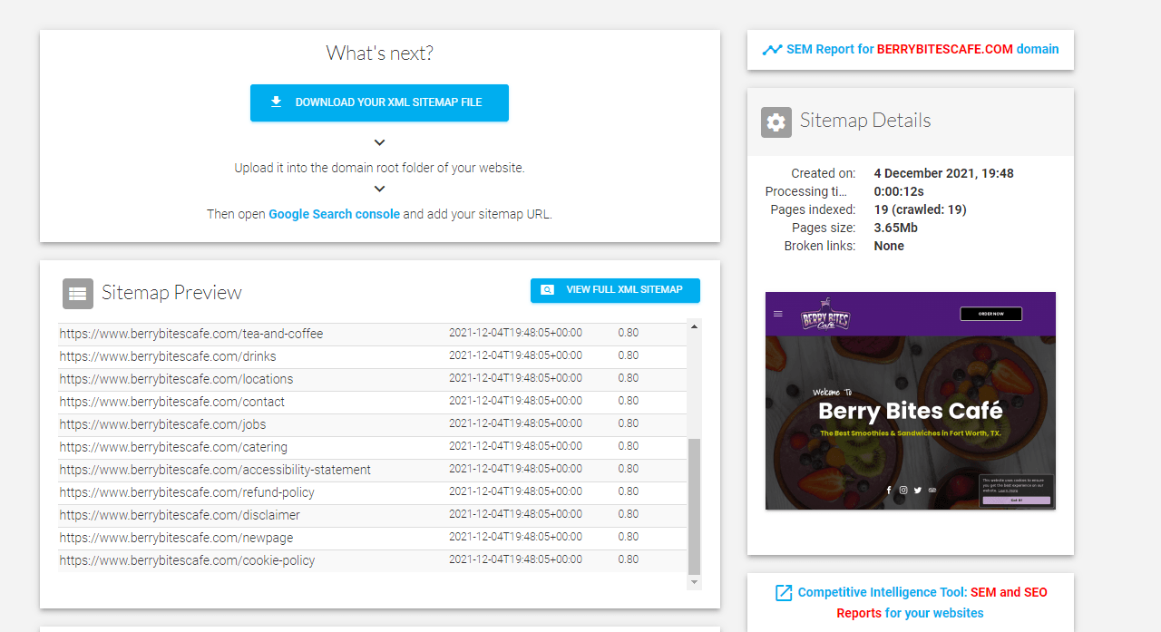 A screenshot of a website with a purple banner that says berry bites cafe