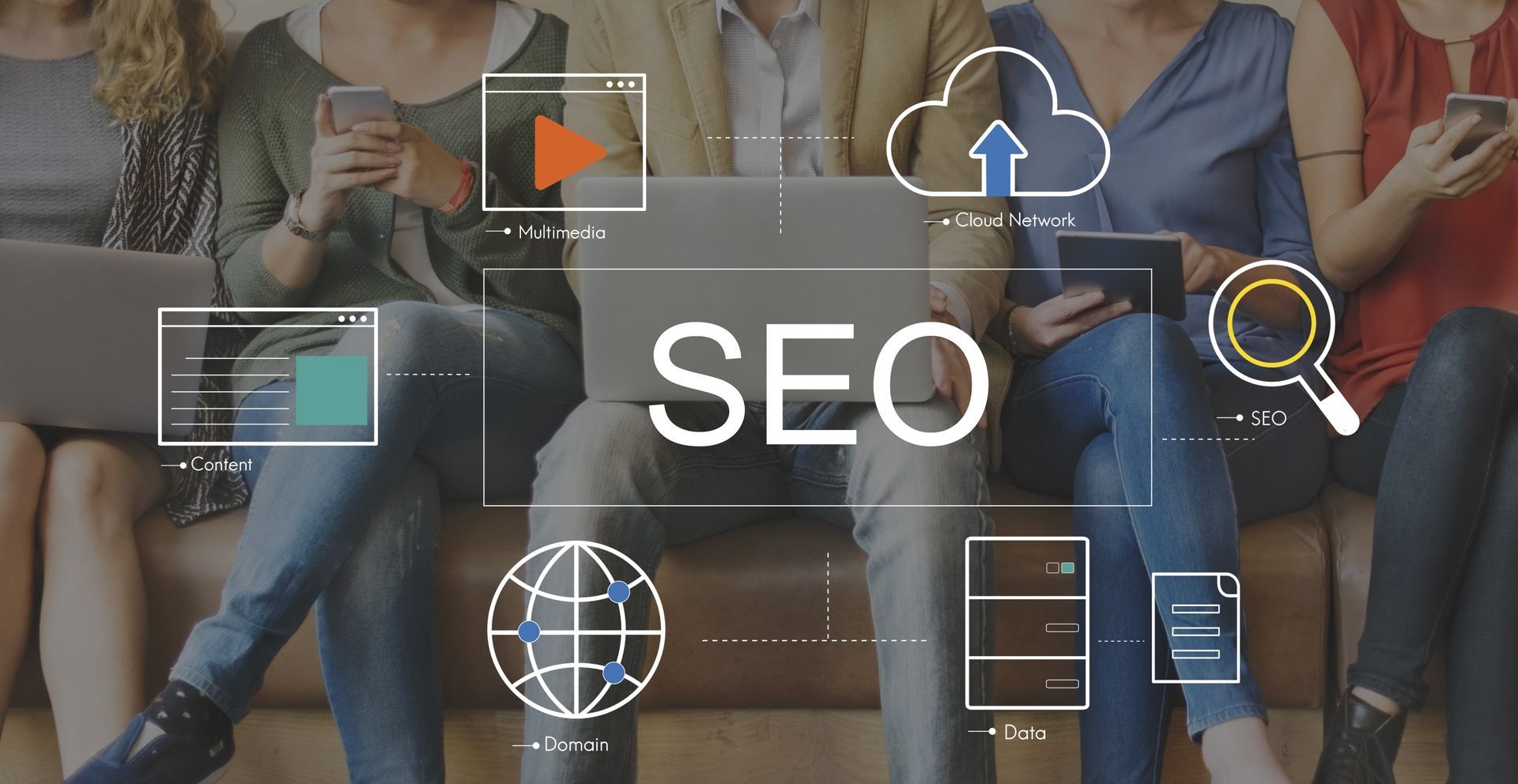 People with laptops and phones, icons for video, cloud, search, and data, the word SEO is overlaid.