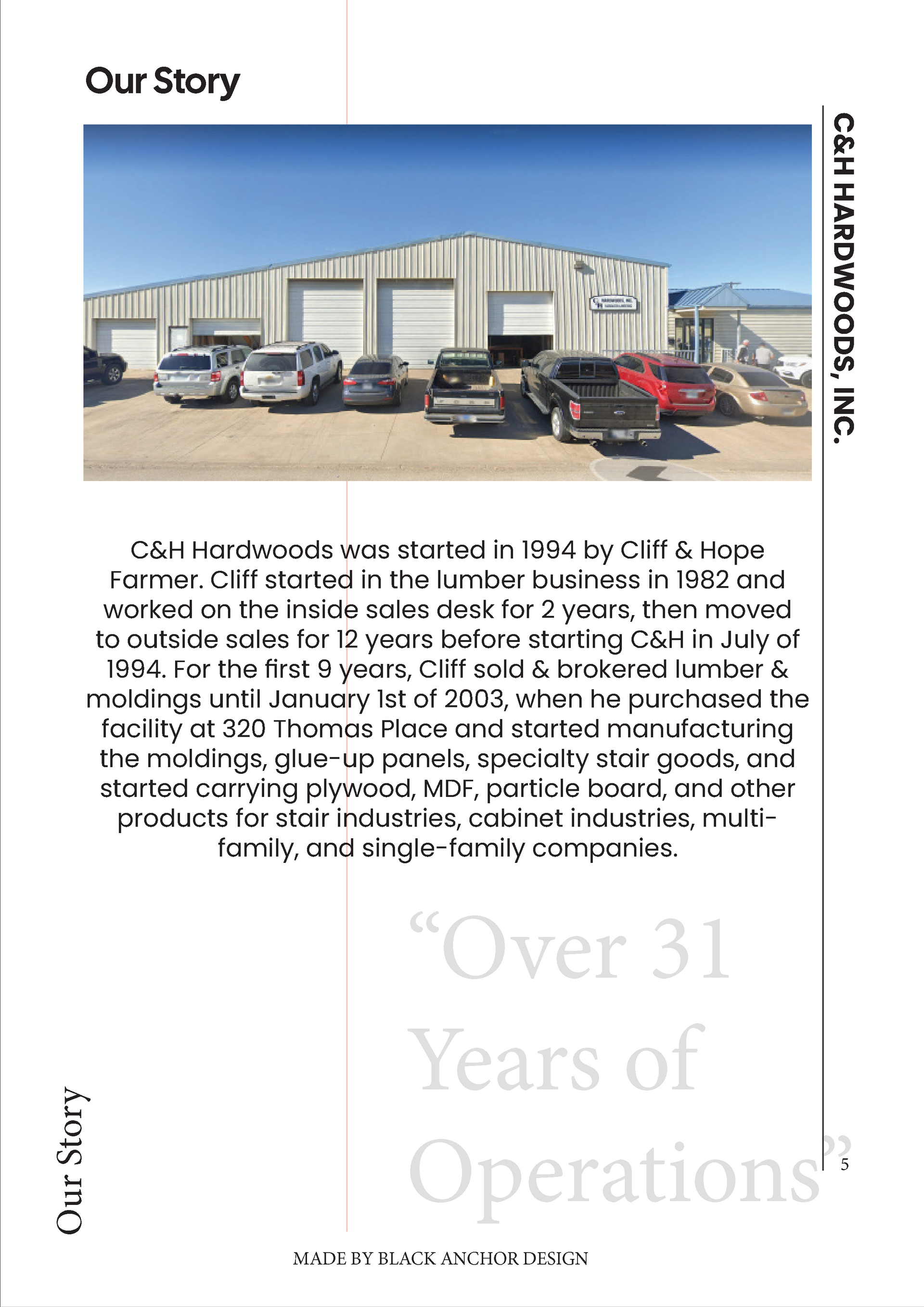 A building with trucks in front, text describing a 31-year-old manufacturing company.