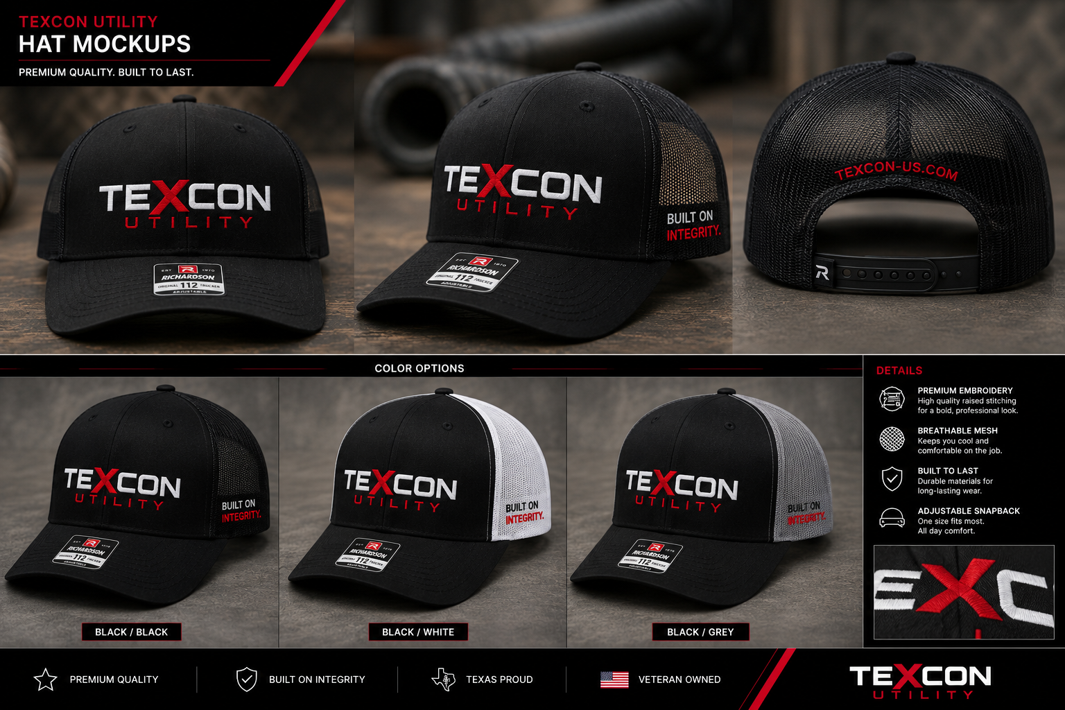 Black TEXCON pickup truck with red graphics in a branded promotional layout.