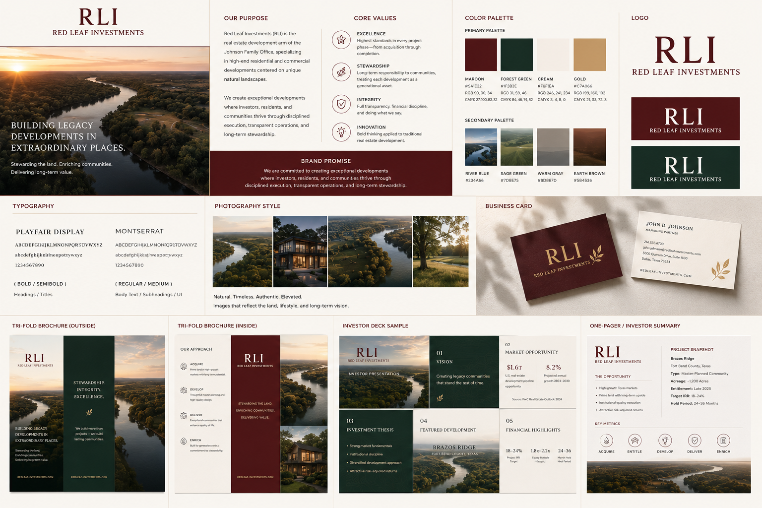 Brand style guide mockup for RLI with burgundy, green, and tan colors, logo, cards, and brochures