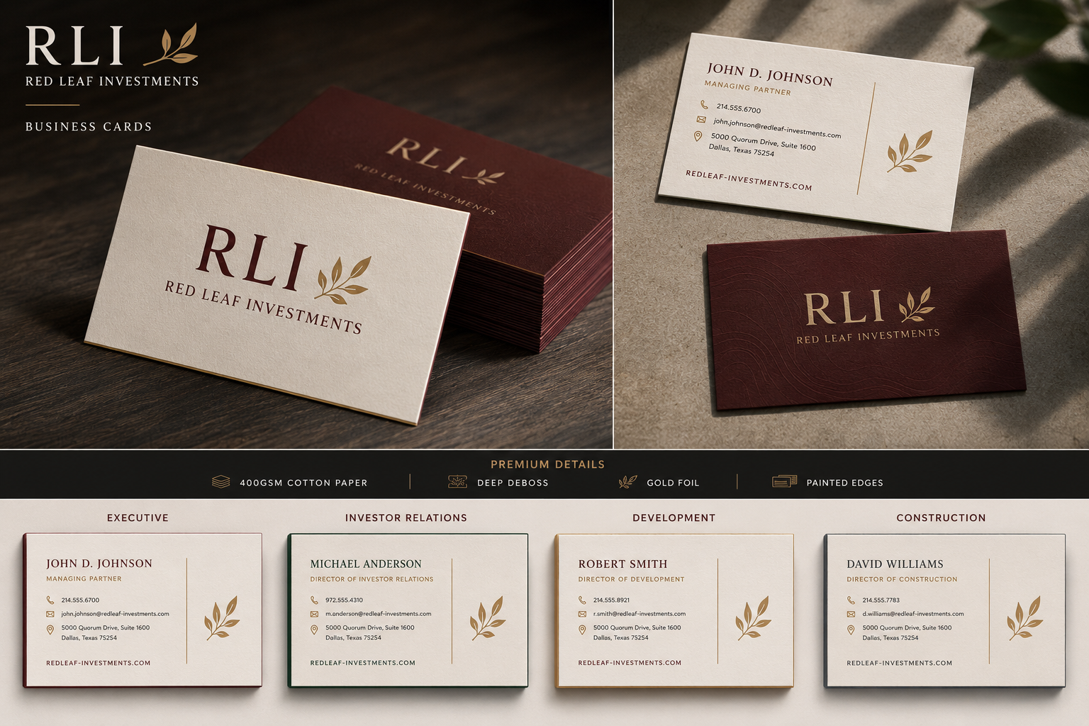 Business card mockups in white and burgundy with gold “RLI” logo on a dark background