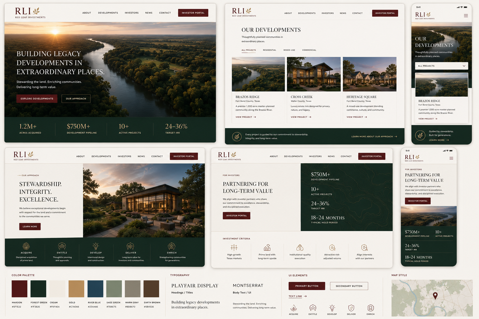 Collage of a resort website mockup in cream and dark green, with hero images, room cards, and booking details