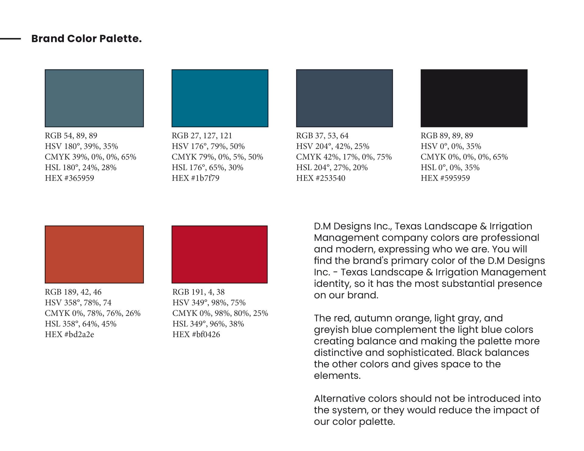 A page of a brand color palette with four different colors