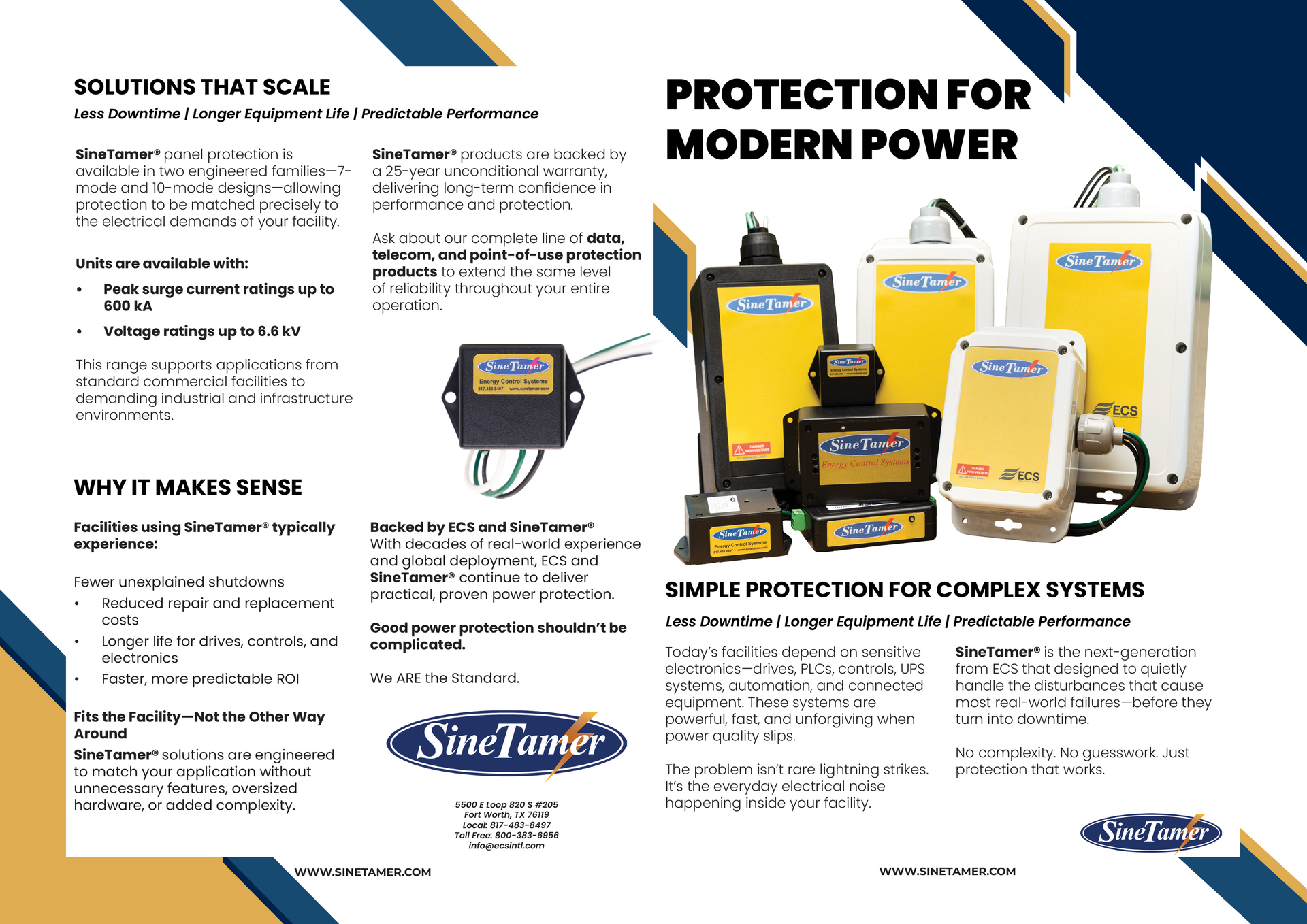 Promotional brochure for SunTap power protection products with yellow industrial units and headline “PROTECTION FOR MODERN POWER”