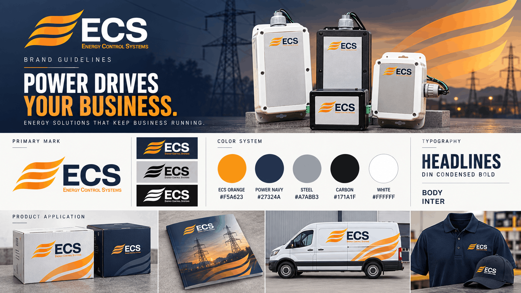 ECS branding collage with orange, black and white fleet, uniforms, product, and billboard ads for business power solutions