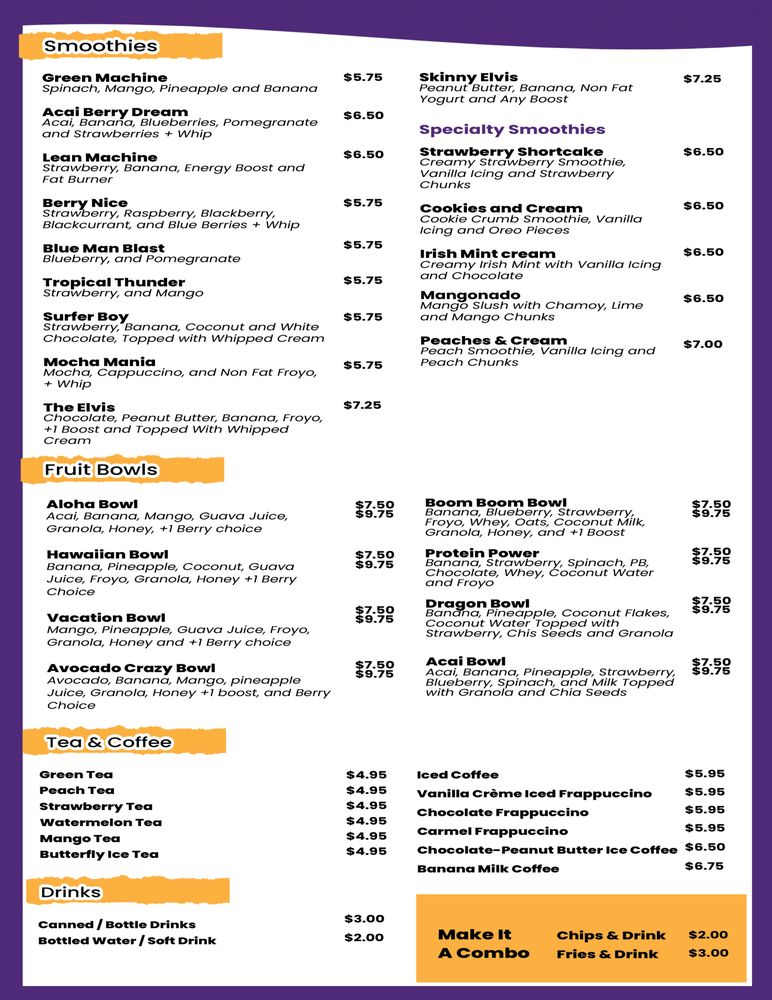 A menu for a restaurant shows a variety of drinks and smoothies