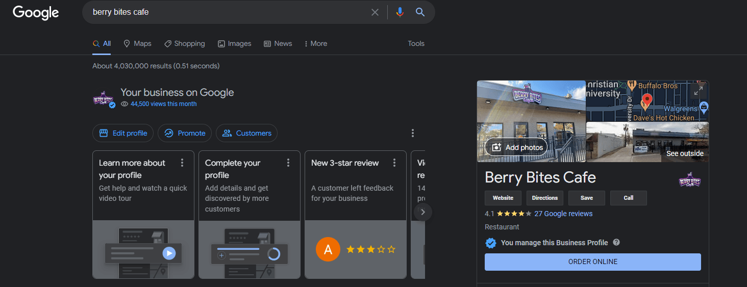 A screenshot of a google search for Berry Bites Cafe