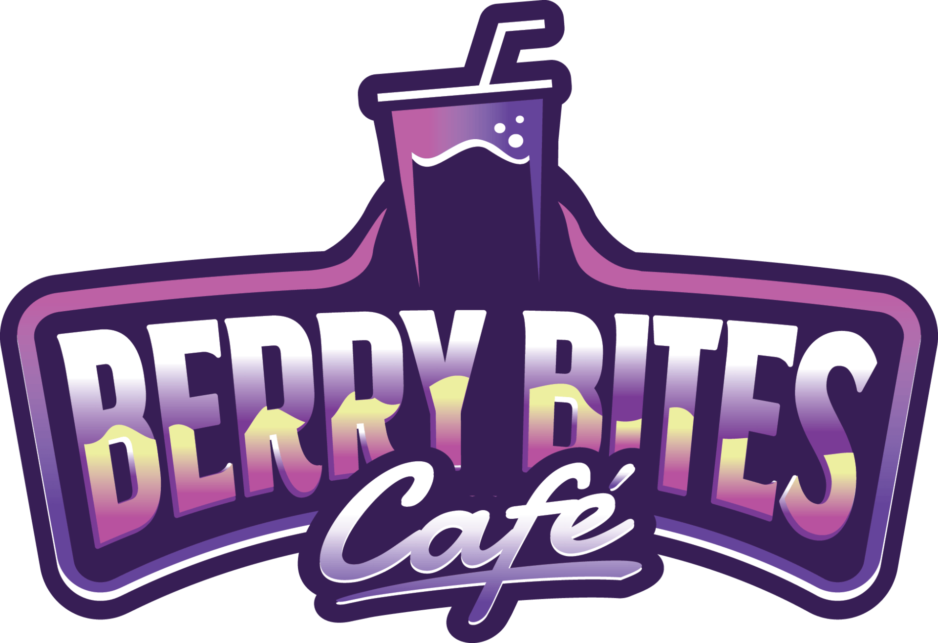 The berry bites cafe logo is purple and has a drink in it.
